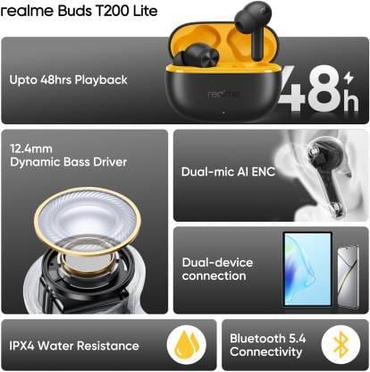 Realme Buds T200 Lite 48 hours battery Bluetooth Earbuds TWS (Volt Black) (Battery Life: 48 hours)