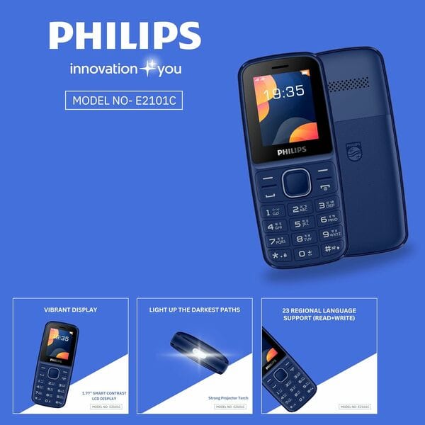 Philips E2101 C Dual Sim keypad Phone (with Voice Talker Feature), Loud 2030mm Speaker, Long-Lasting Battery, Projector Torch, Wireless FM, Auto Call Recording- Blue